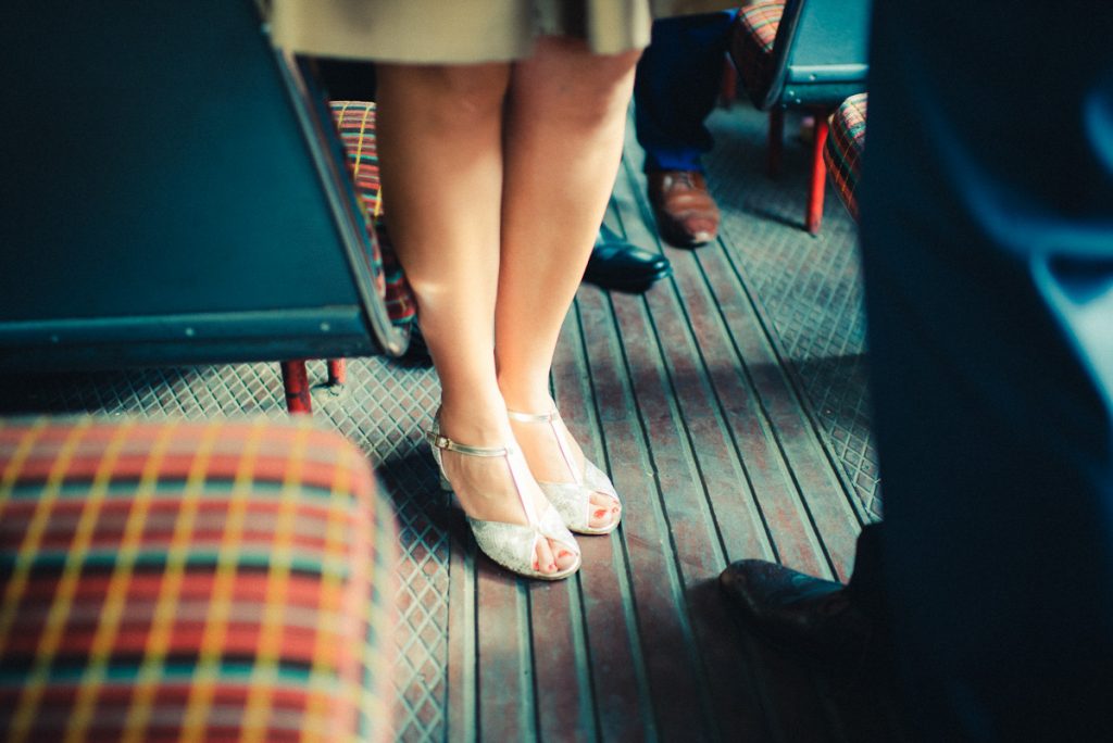 elegant shoes in a dek bus London Wedding